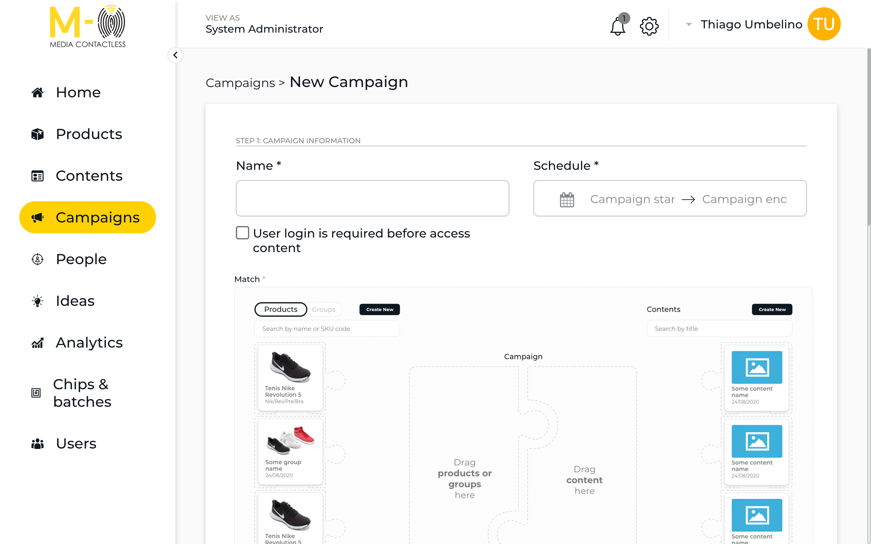 Media Contactless Dashboard New Campaigns page